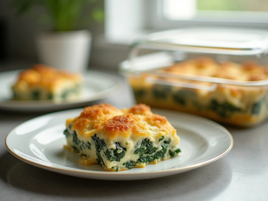 Stored and reheated spinach chicken casserole portion