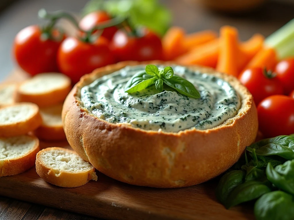 Chilled spinach dip served in a round bread bowl with vegetables and bread cubes