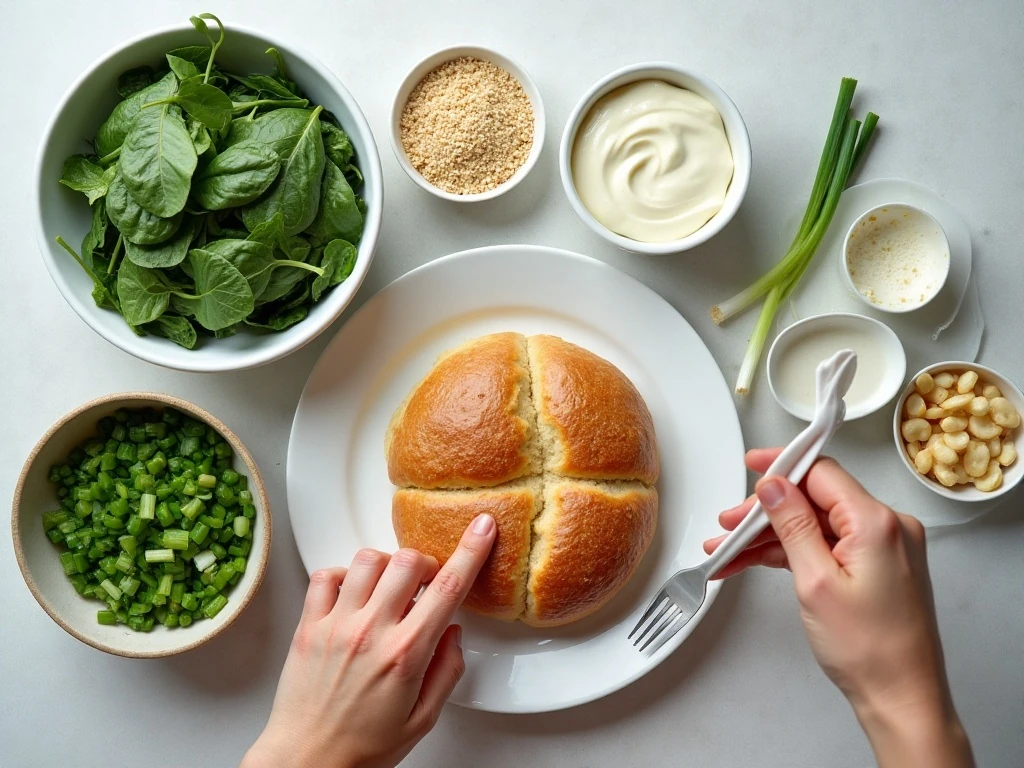 Ingredients for classic spinach dip in a bread bowl
