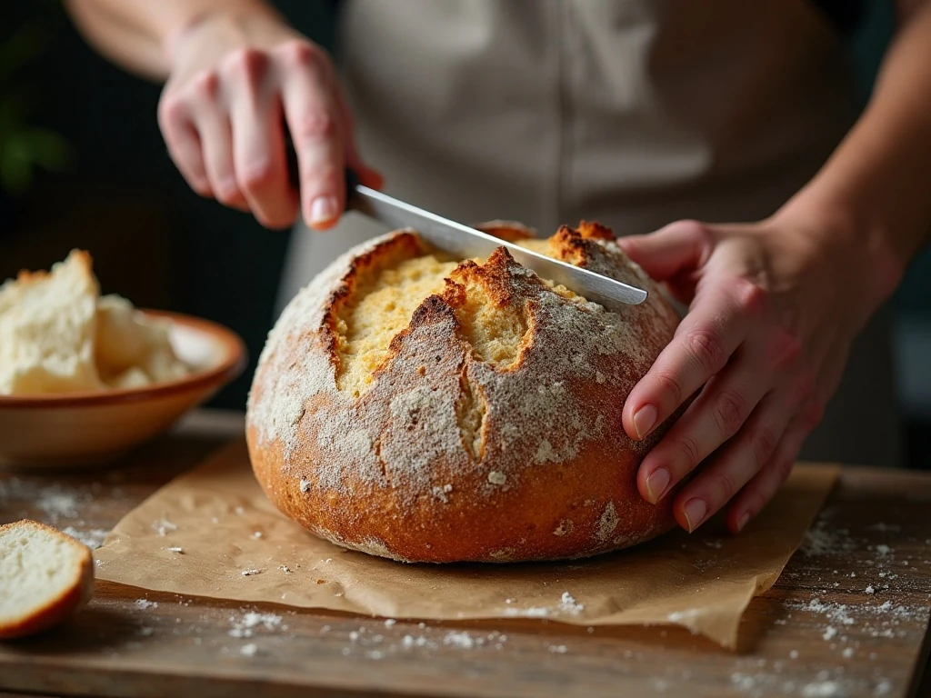 Hollowing a round loaf to make a sturdy bread bowl