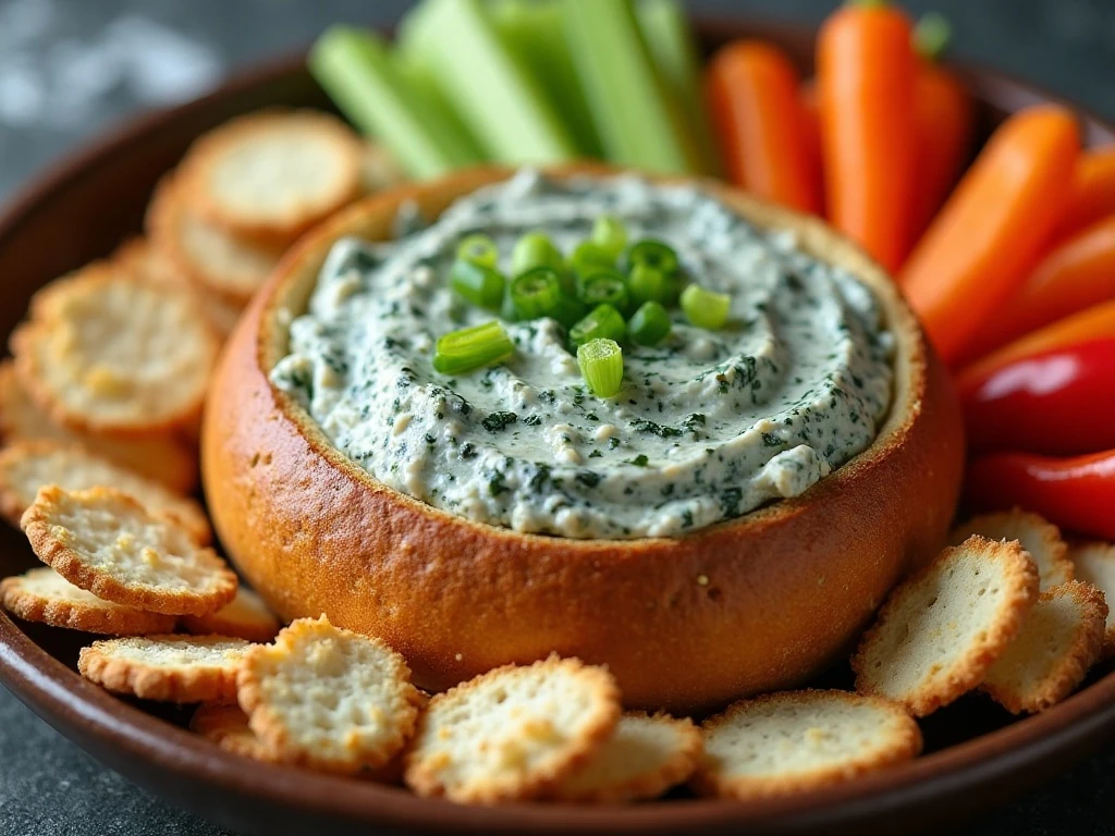 Spinach dip bread bowl surrounded by colorful dipping vegetables