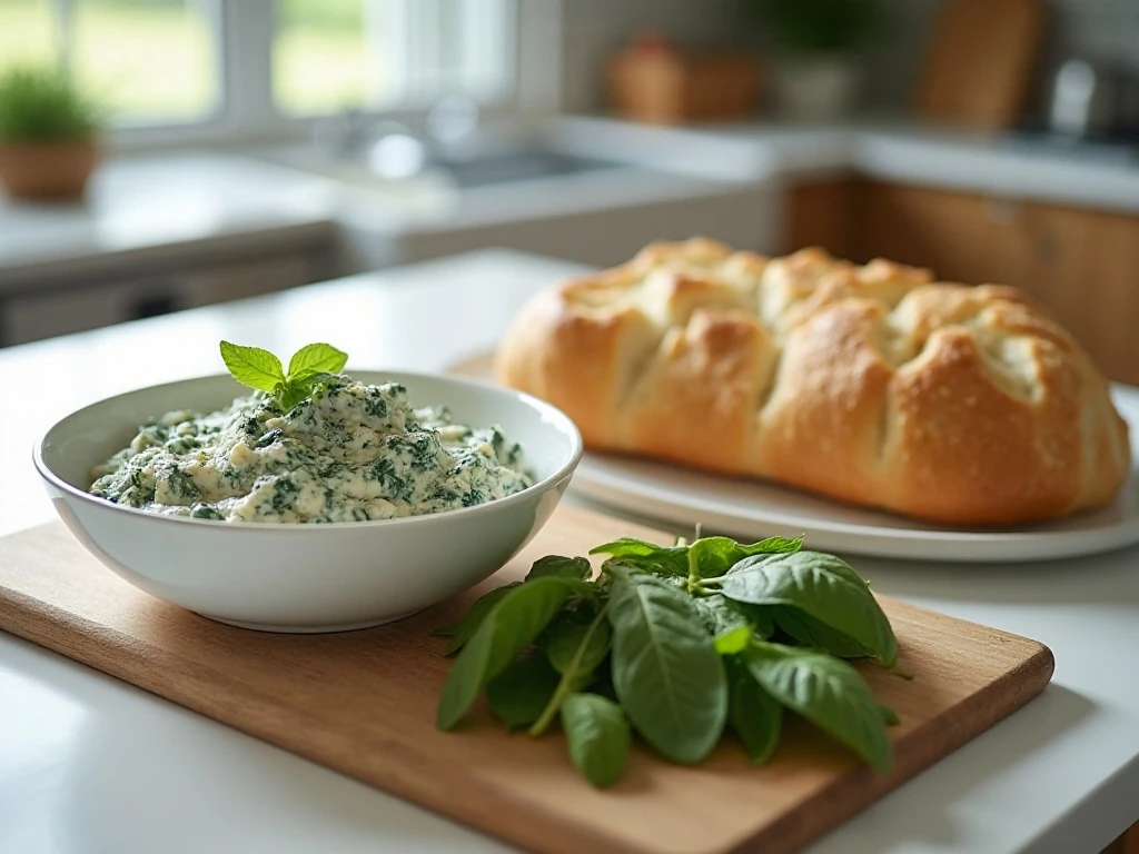 Spinach dip and bread bowl components prepared separately before serving