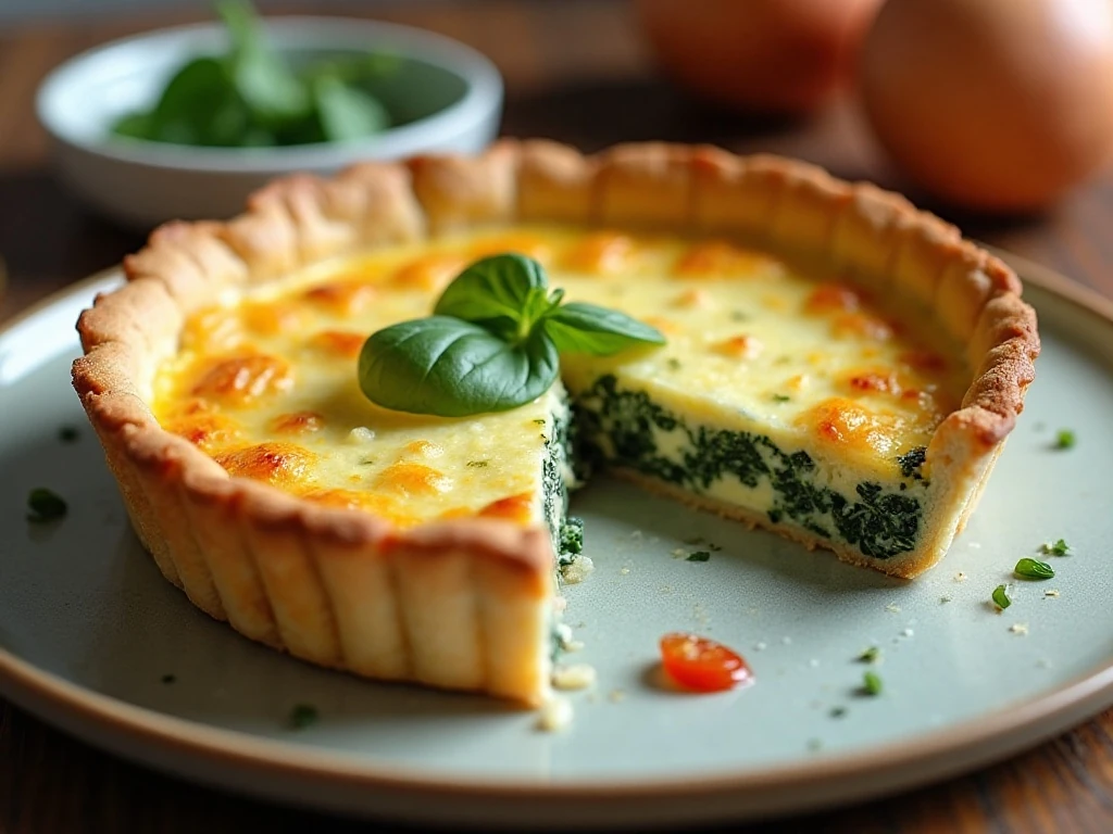 Sliced spinach quiche served on a ceramic plate