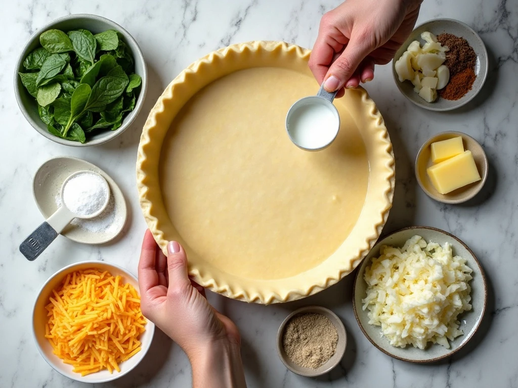 Ingredients arranged for homemade spinach quiche