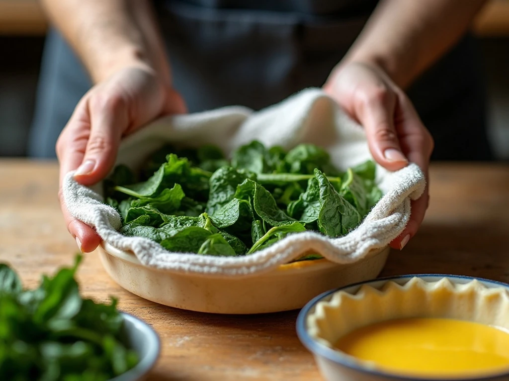 Squeezing spinach dry for a crisp quiche crust