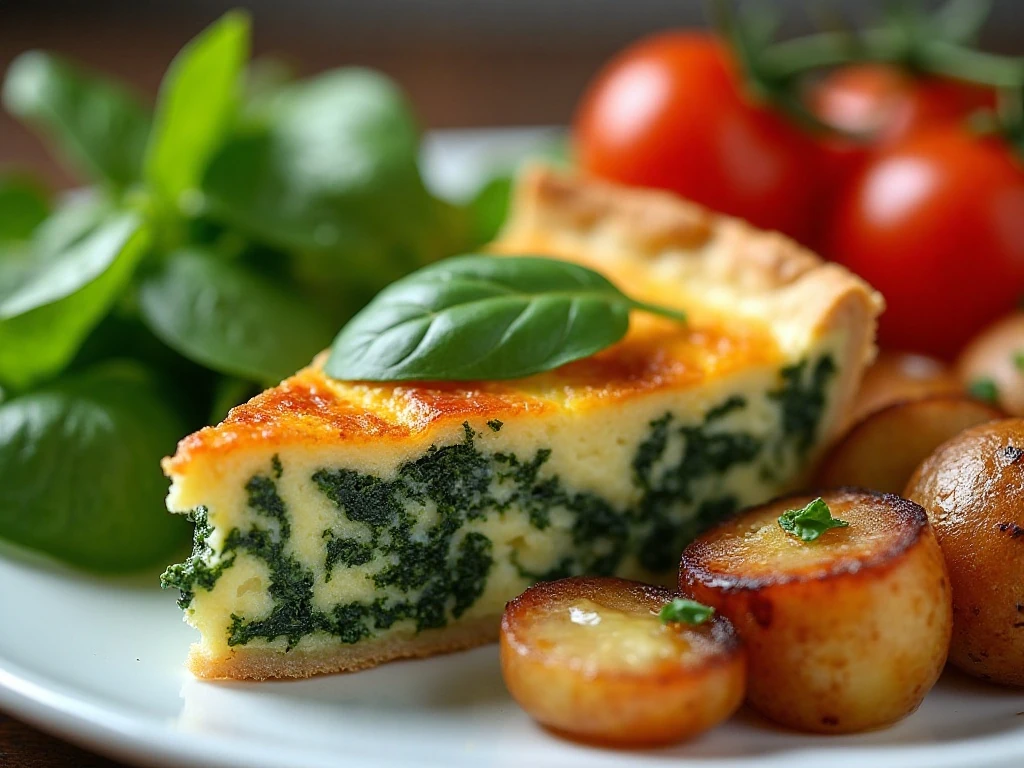 Spinach quiche served with salad and vegetables