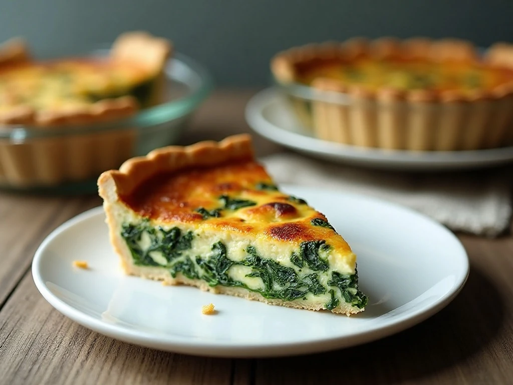 Stored and reheated spinach quiche slice