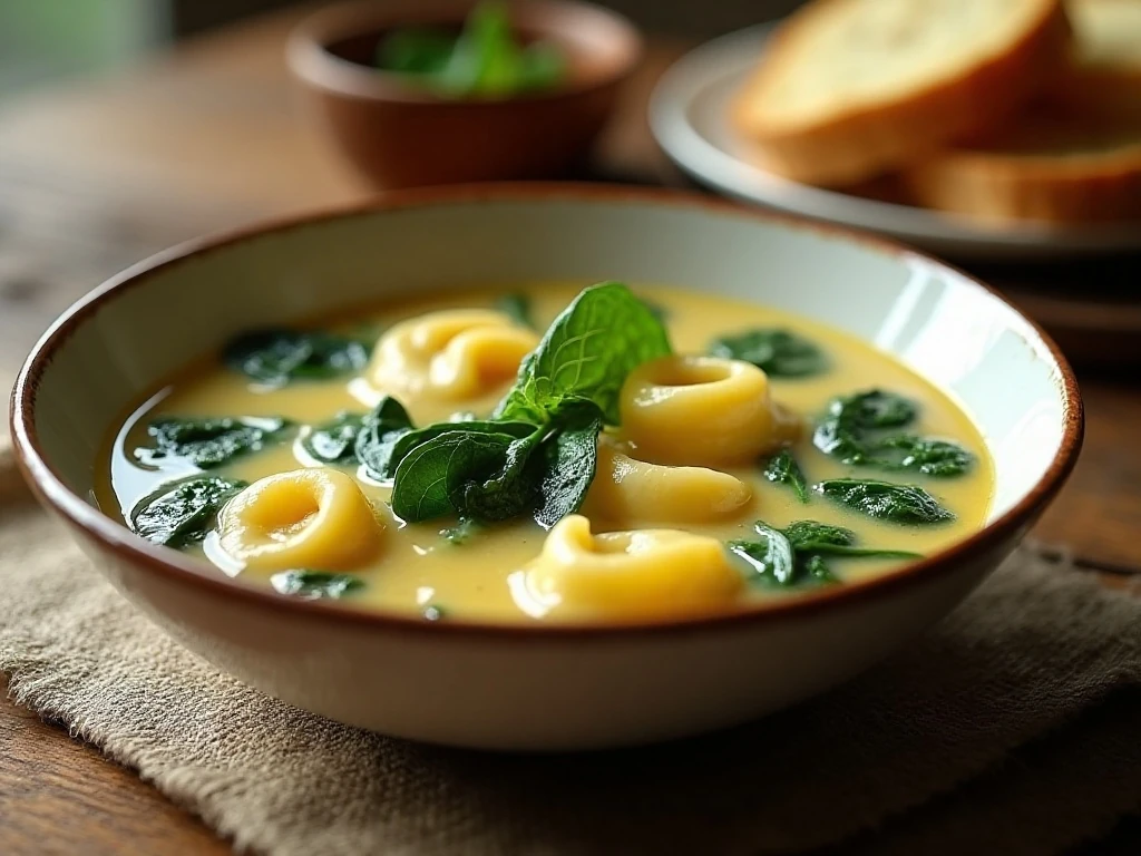 Bowl of creamy spinach tortellini soup served for dinner