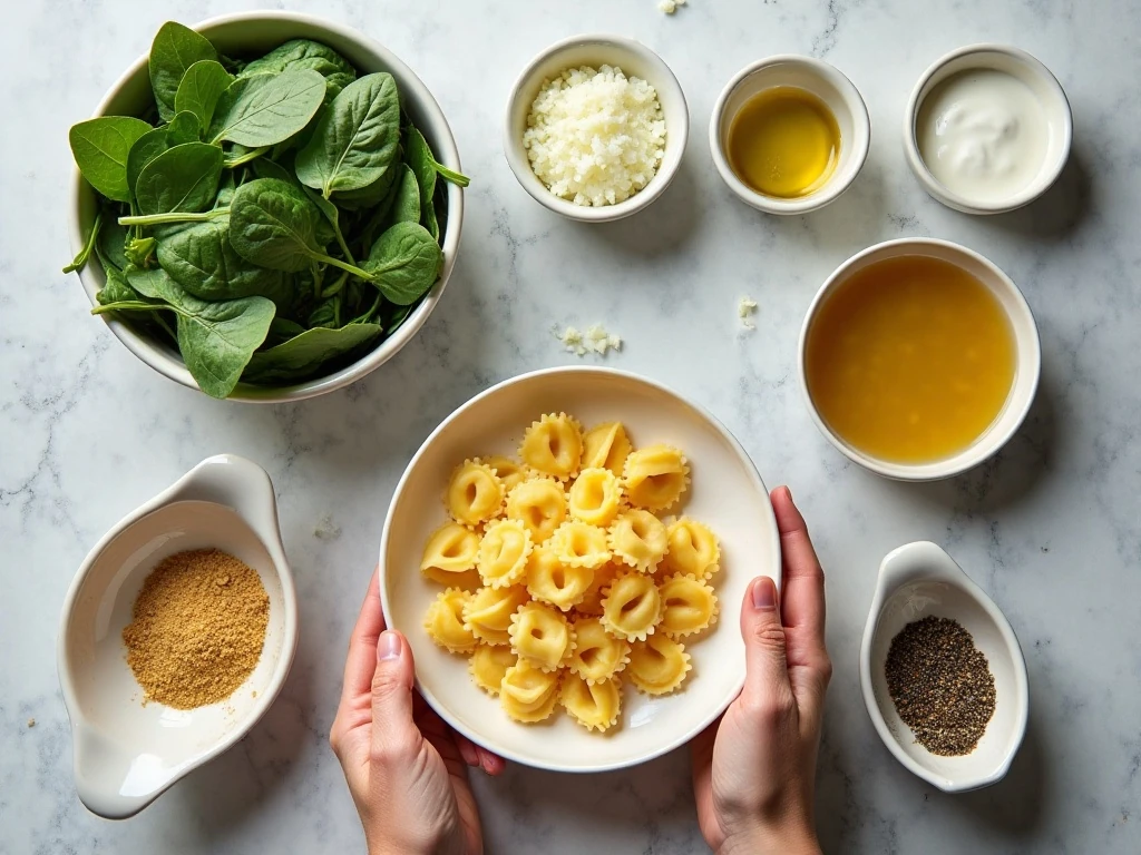Ingredients for creamy spinach tortellini soup