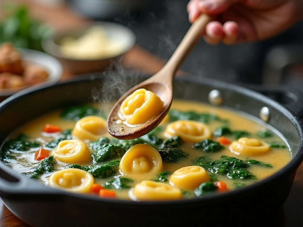 Tortellini and spinach simmering in creamy soup