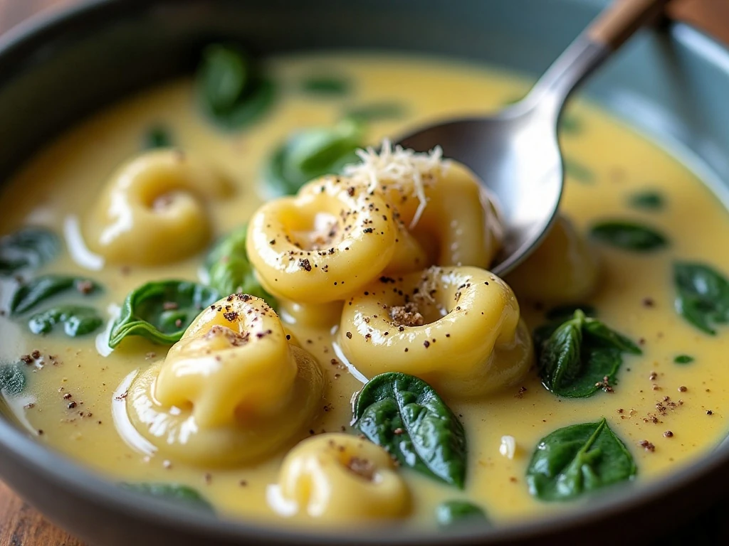 Parmesan and herbs garnishing spinach tortellini soup