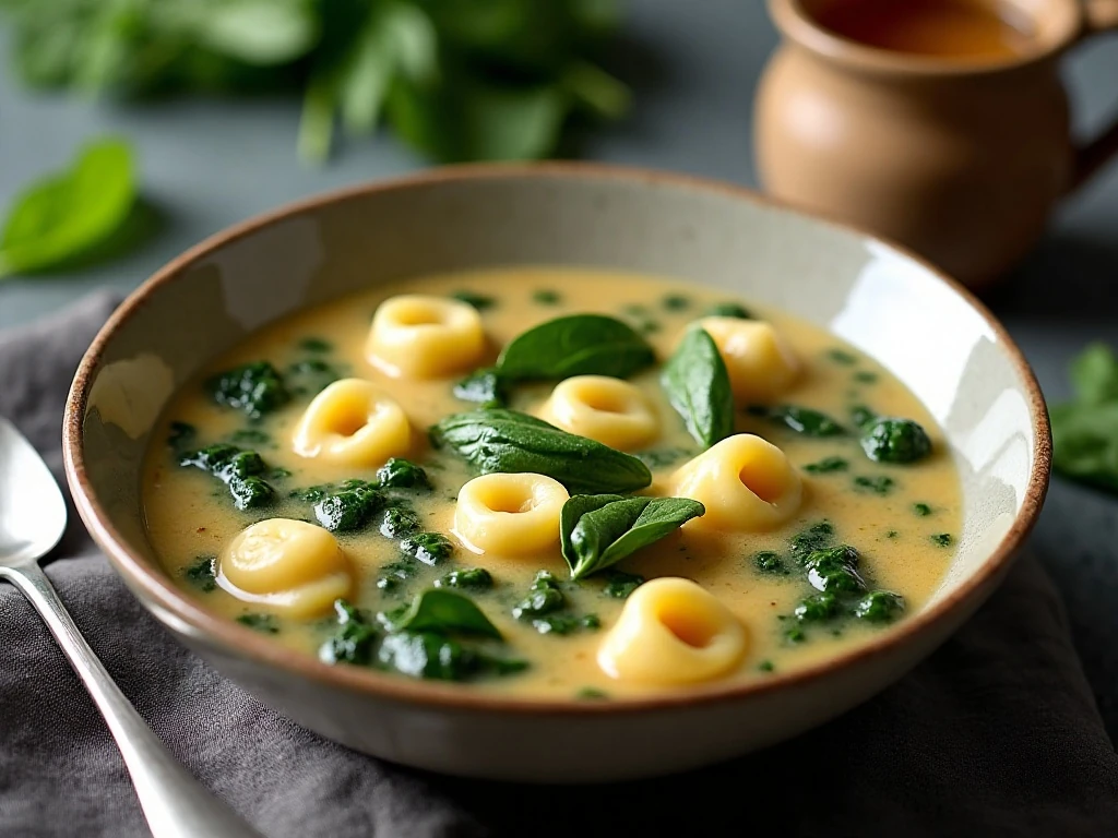 Reheated creamy spinach tortellini soup with extra broth