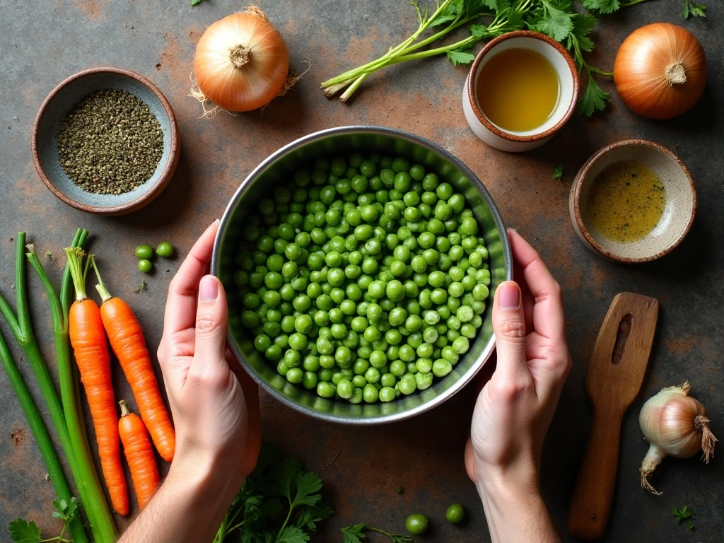 Ingredients for crockpot split pea soup arranged for cooking