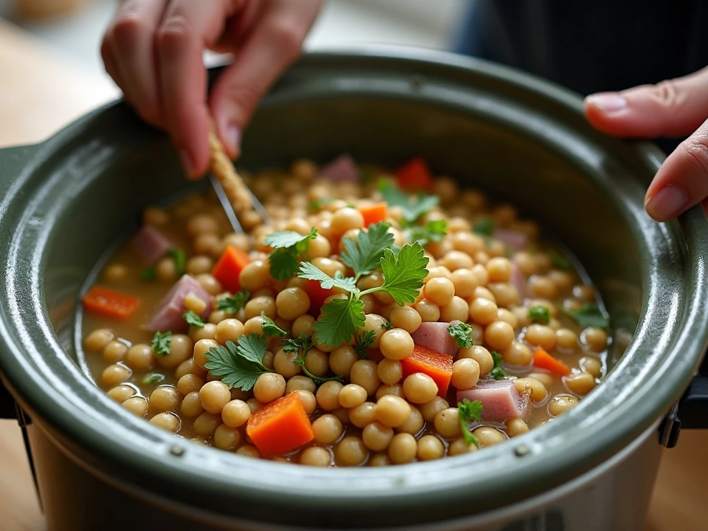 Split pea soup ingredients arranged in a slow cooker