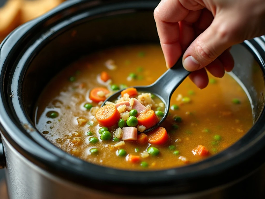 Thick tender split pea soup being stirred for a smooth texture