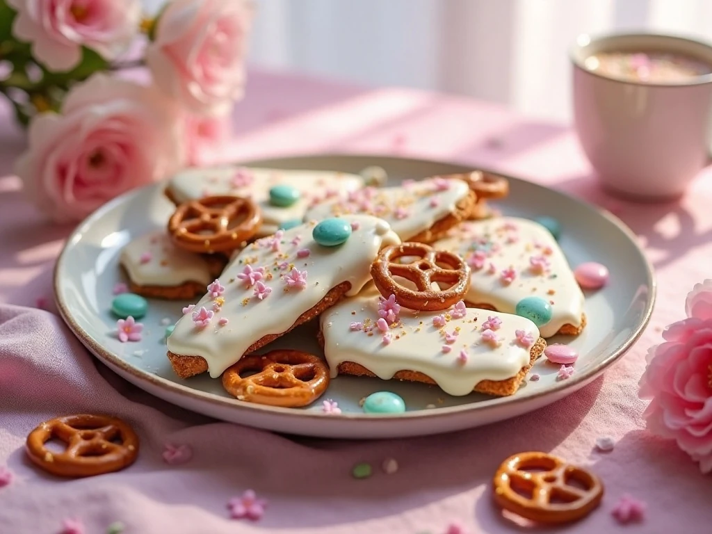 Spring pretzel bark arranged on a pastel platter
