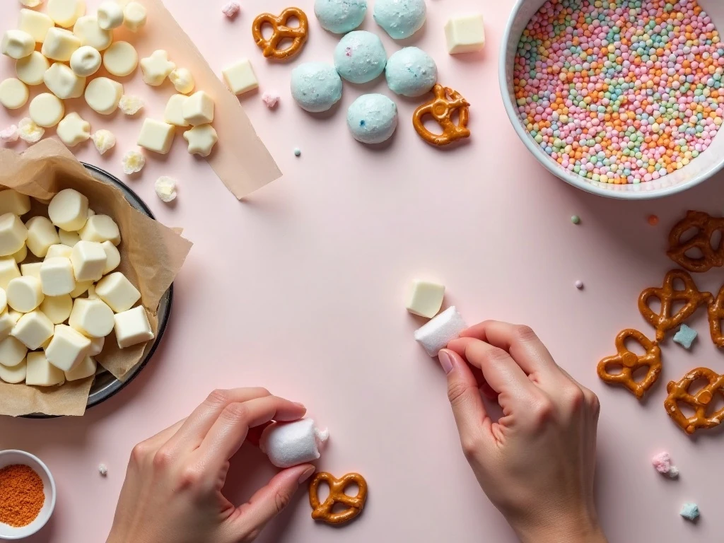 Ingredients for spring pretzel bark