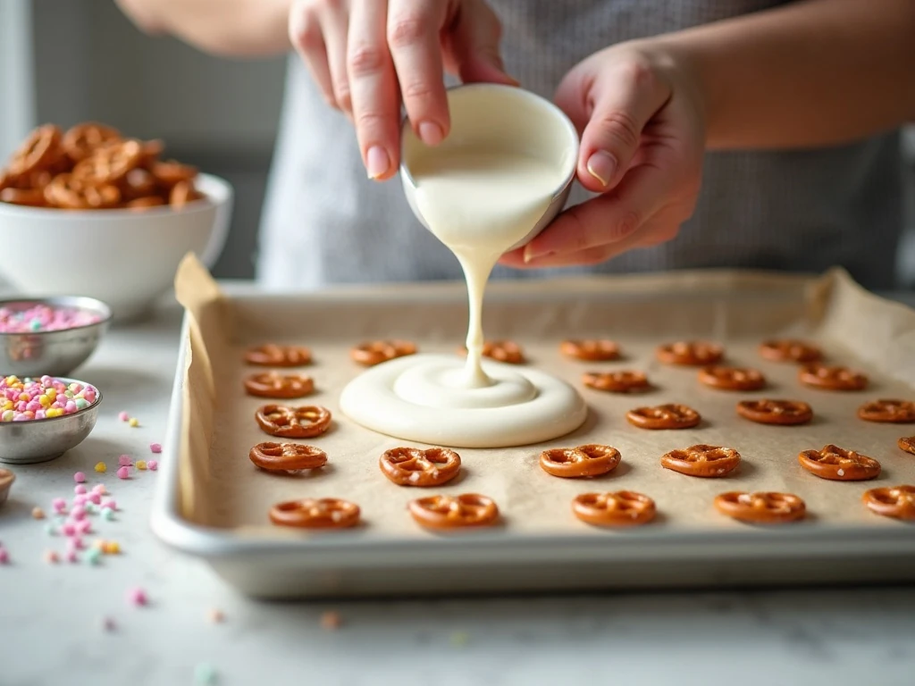Spreading melted white chocolate over pretzels for bark