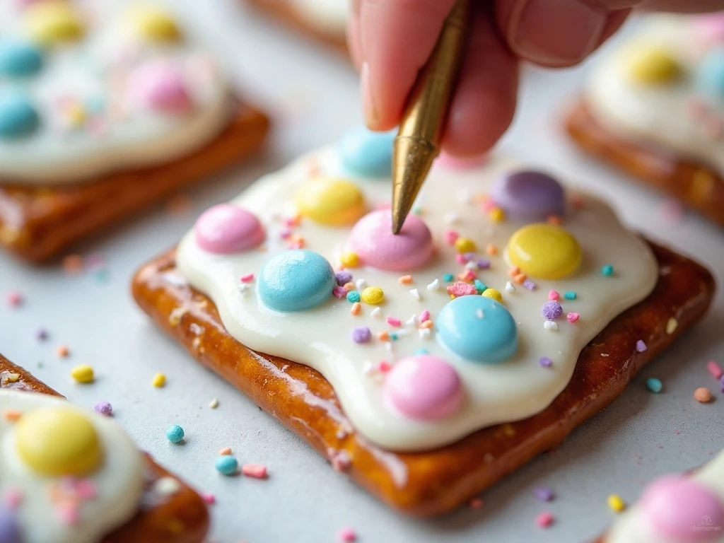 Pastel candies and sprinkles decorating pretzel bark