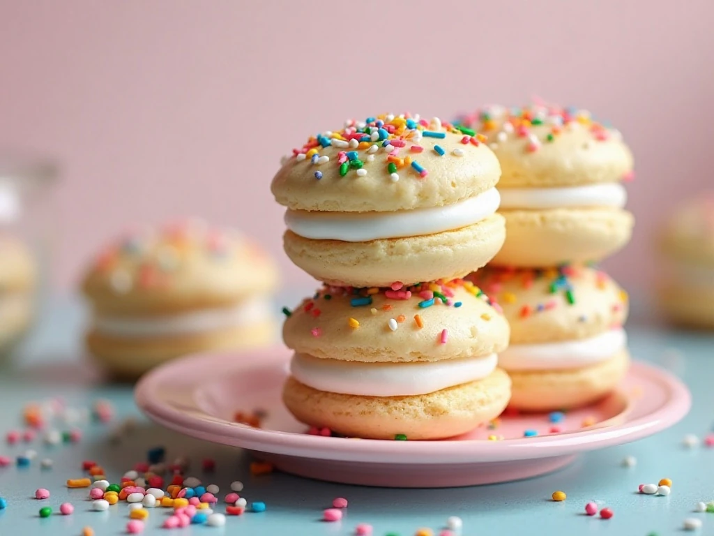 Stack of colorful Fun Sprinkle Whoopie Pies with vanilla buttercream