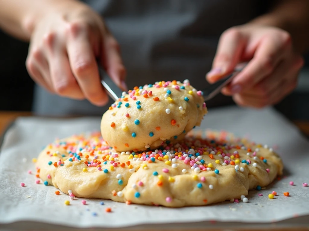 Scooping sprinkle cake dough onto a lined baking sheet