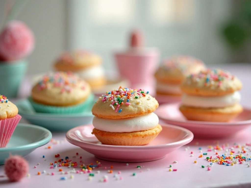 Sprinkle whoopie pies arranged for a festive dessert table