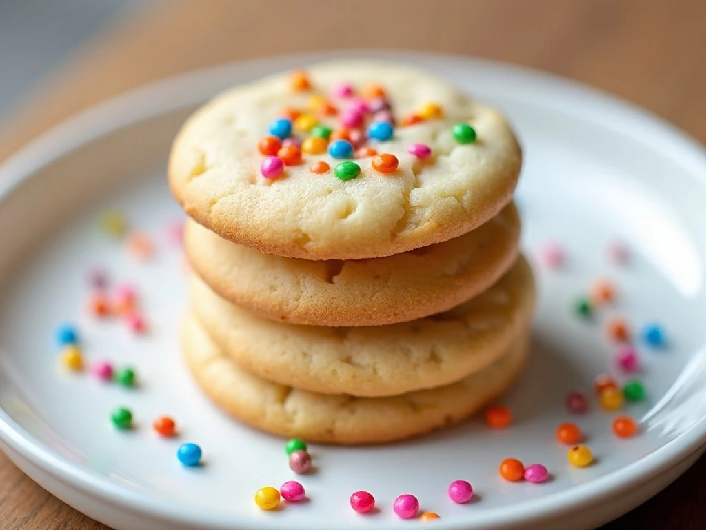 Stack of colorful sprinkled butter cookies on a plate
