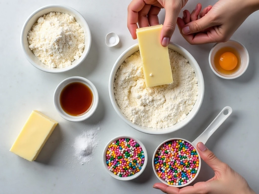 Ingredients for sprinkled butter cookies arranged for baking