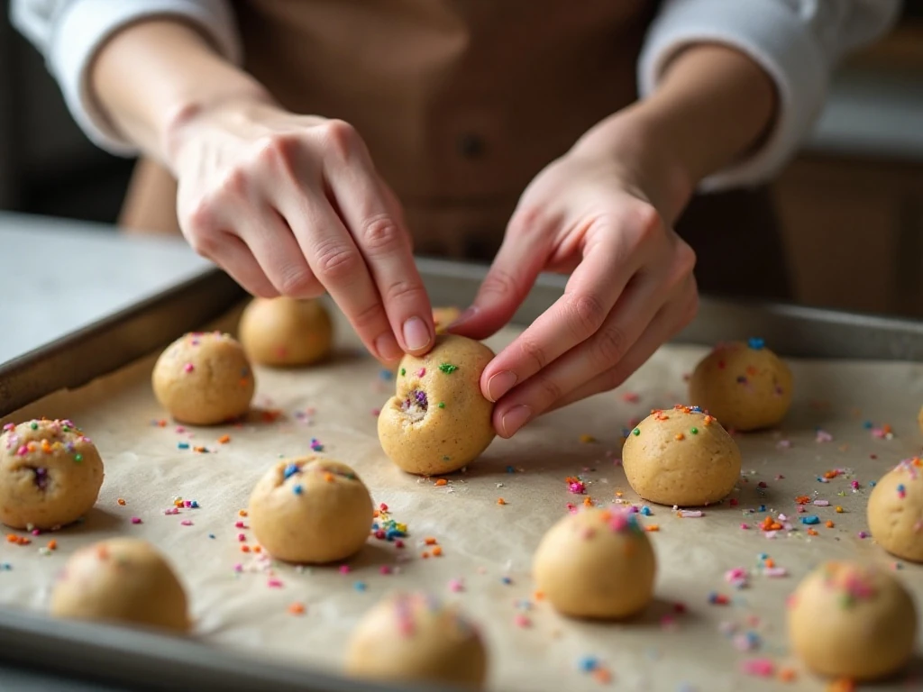 Sprinkle cookie dough balls arranged on a parchment-lined baking sheet