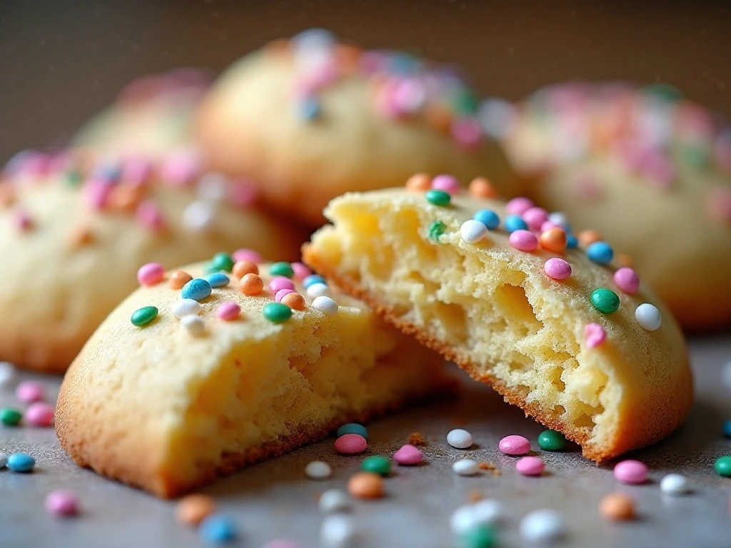 Close-up of a soft-centered sprinkled butter cookie