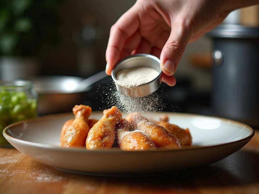 Chicken wings being coated in seasoned flour and cornstarch