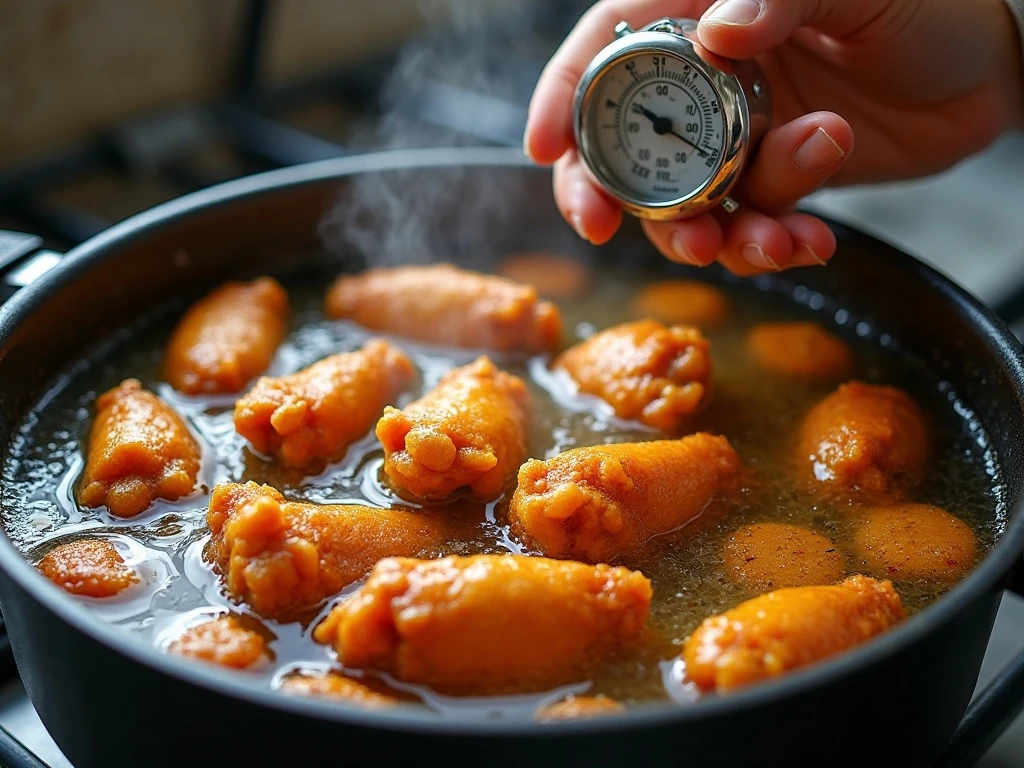Chicken wings frying at the correct oil temperature