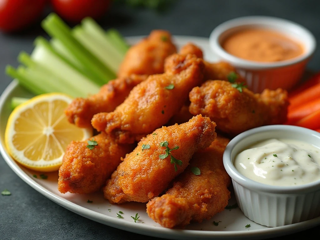 Crispy chicken wings with dipping sauces and citrus wedges