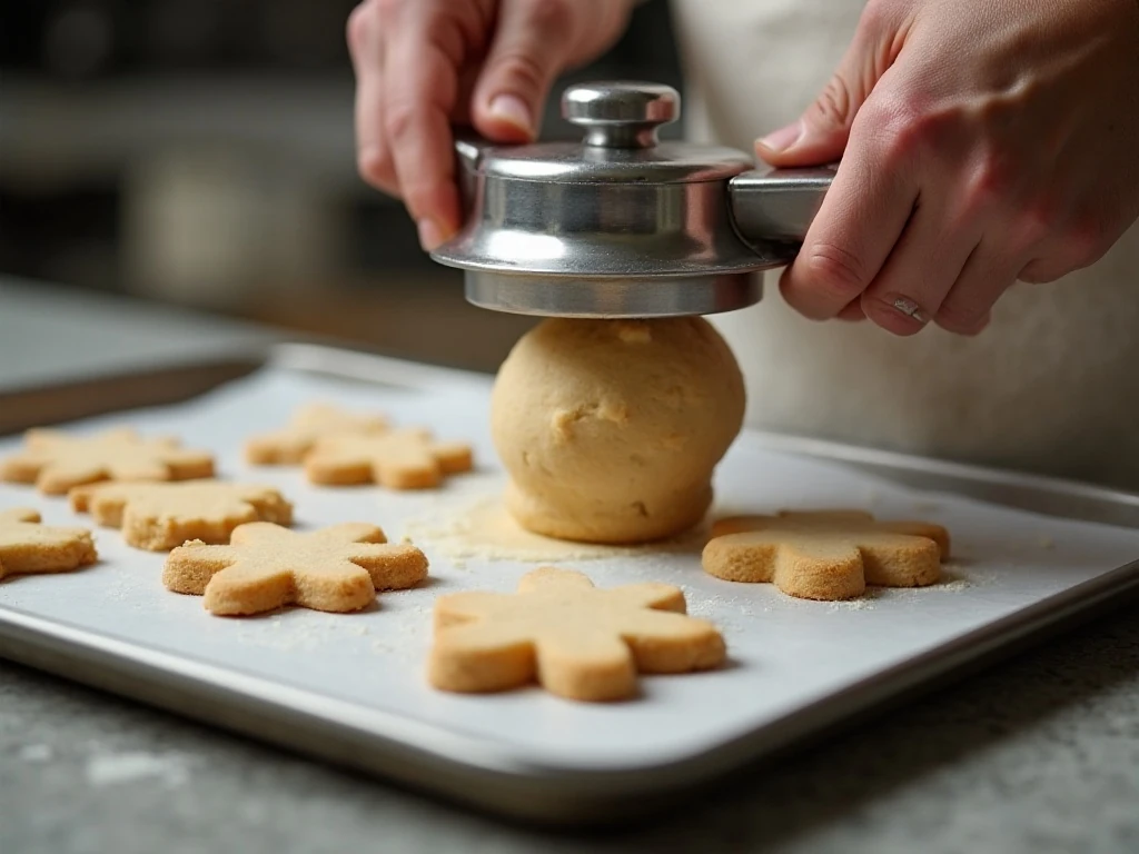 Pressing spritz cookie dough onto an ungreased baking sheet