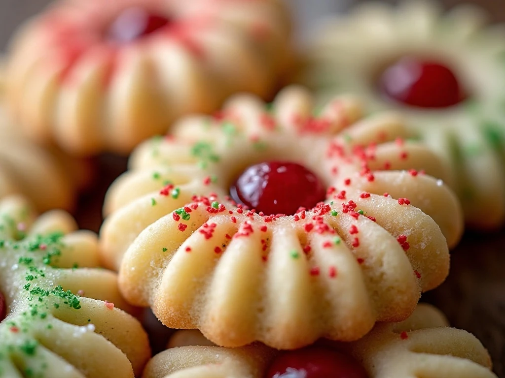 Decorated spritz cookies with colored sugar and candied cherries