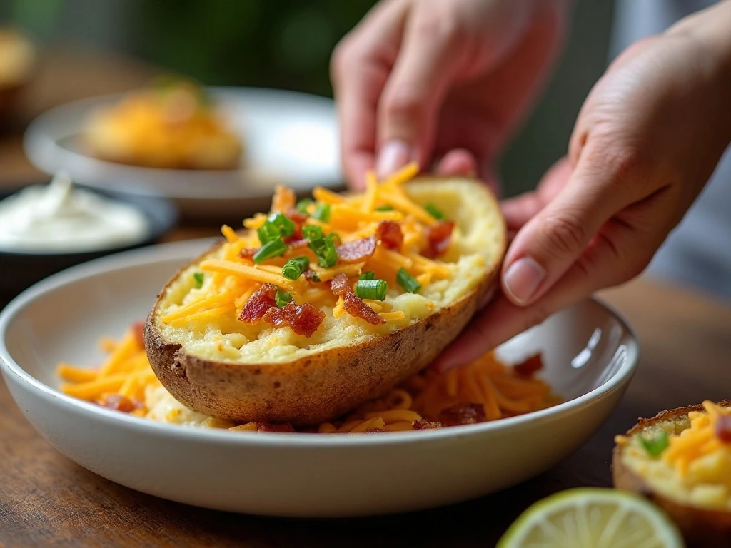 Scooping baked potato flesh to prepare stuffed potato shells