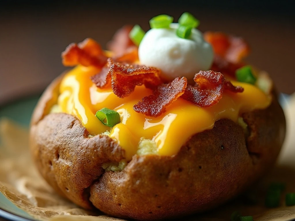 Close-up of cheesy stuffed baked potato with bacon and green onion garnish