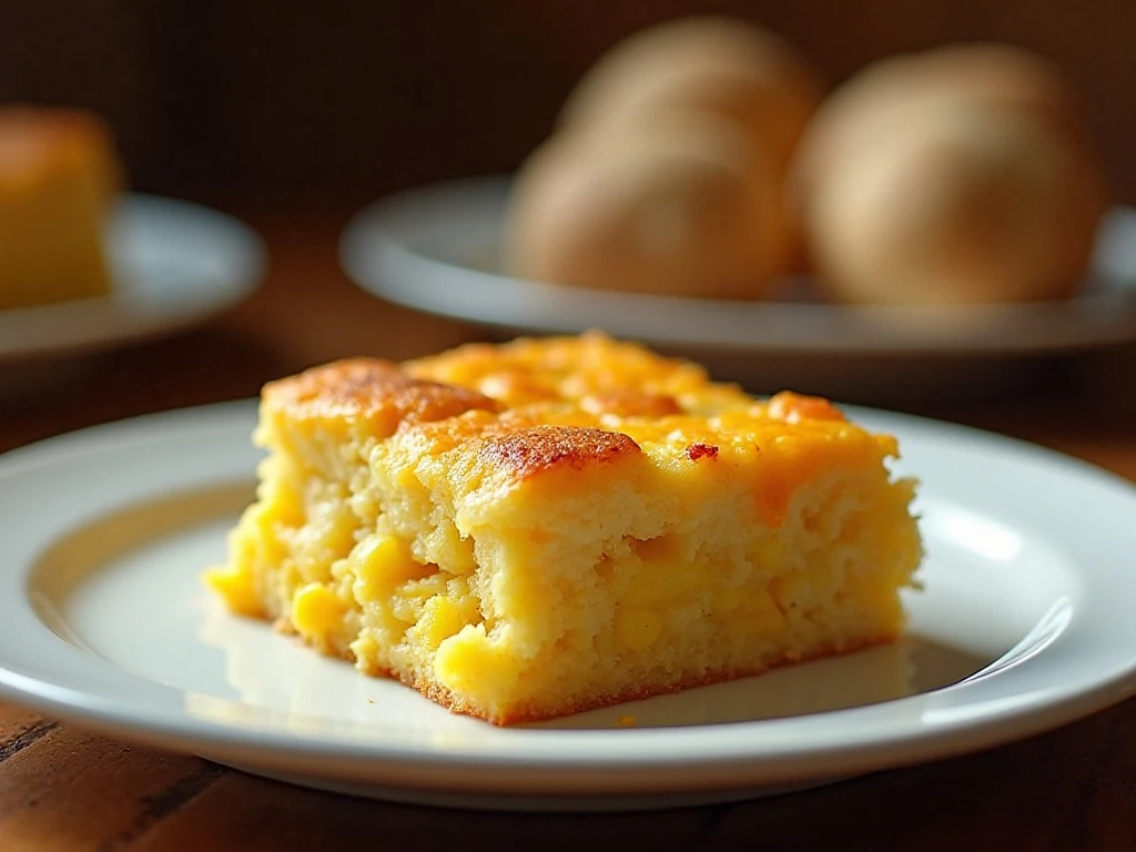 Serving of golden squash and cornbread casserole with melted Cheddar