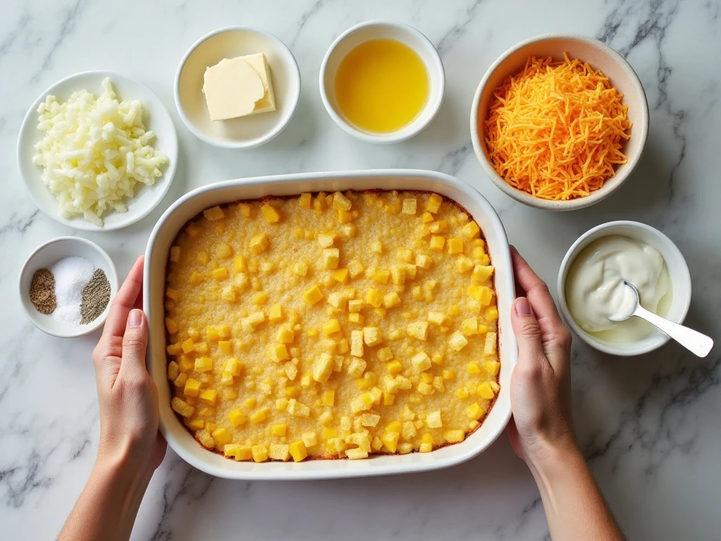 Ingredients for squash and cornbread casserole arranged on a counter