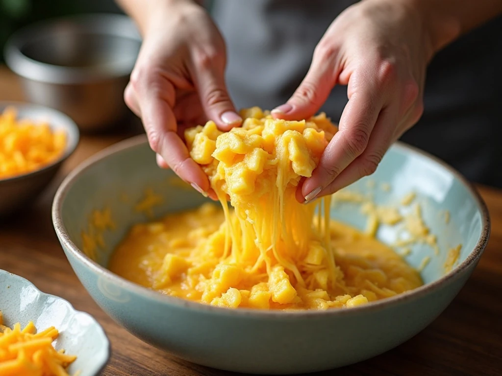 Folding cooked squash and onion into cornbread casserole batter