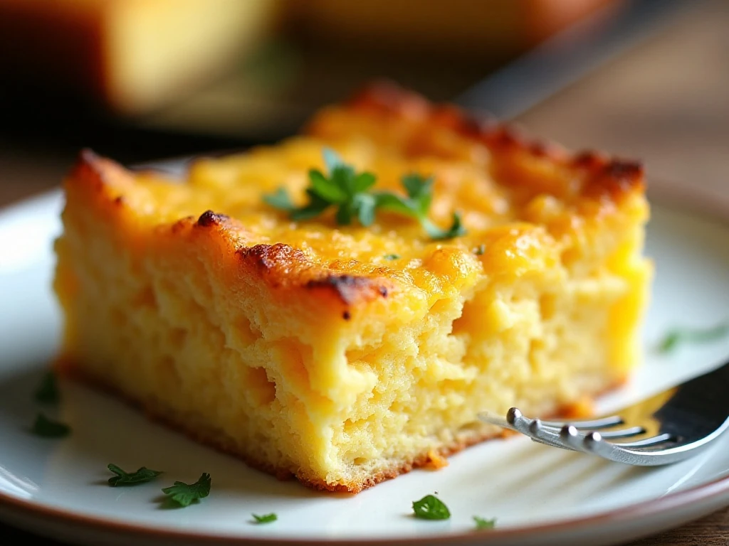 Close-up slice of squash and cornbread casserole showing its tender interior