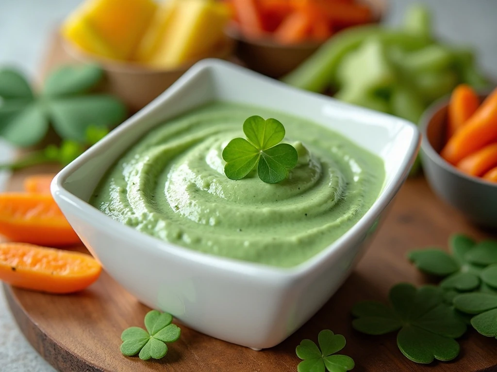 Festive green St. Patrick's Day dessert dip surrounded by cookies, pretzels, and strawberries