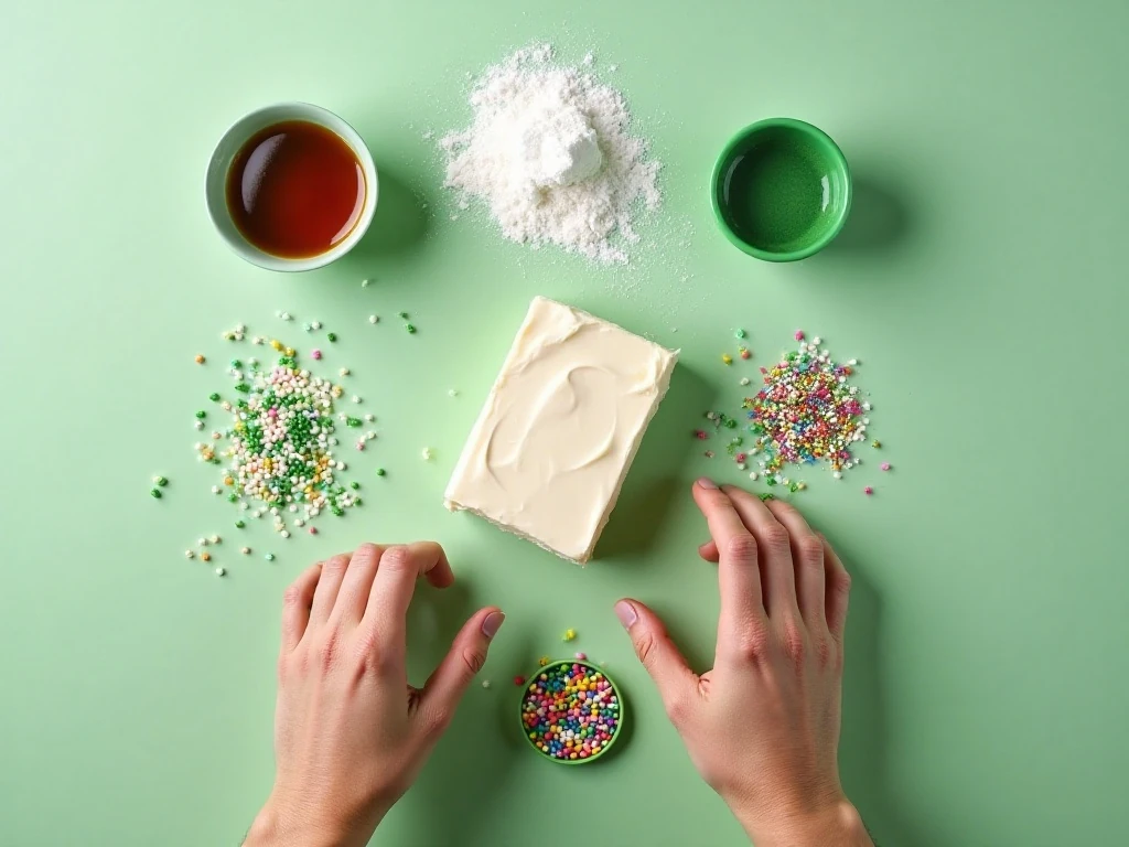 Ingredients for easy St. Patrick's Day dessert dip arranged in a flat lay