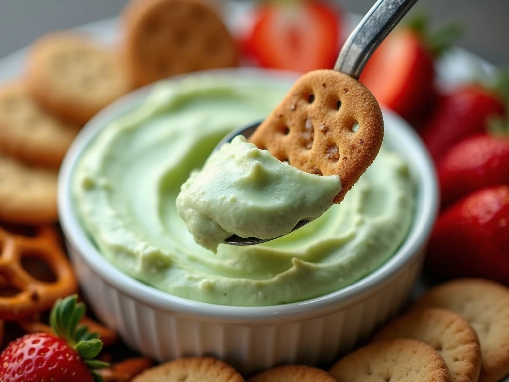 Assorted cookies, pretzels, and fruit served with green dessert dip
