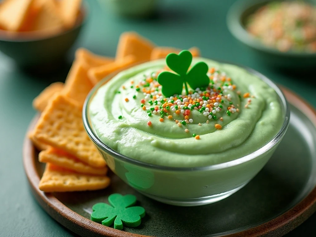 St. Patrick's Day dessert dip arranged on a festive party platter