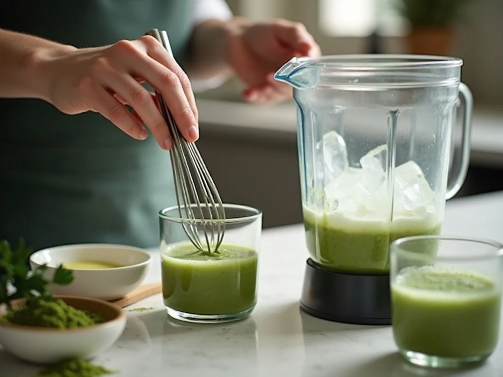 Whisking matcha with milk before blending the frappuccino