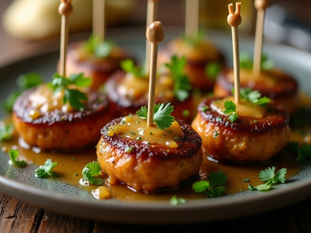 Garlic butter steak bites arranged on an appetizer platter with parsley and toothpicks