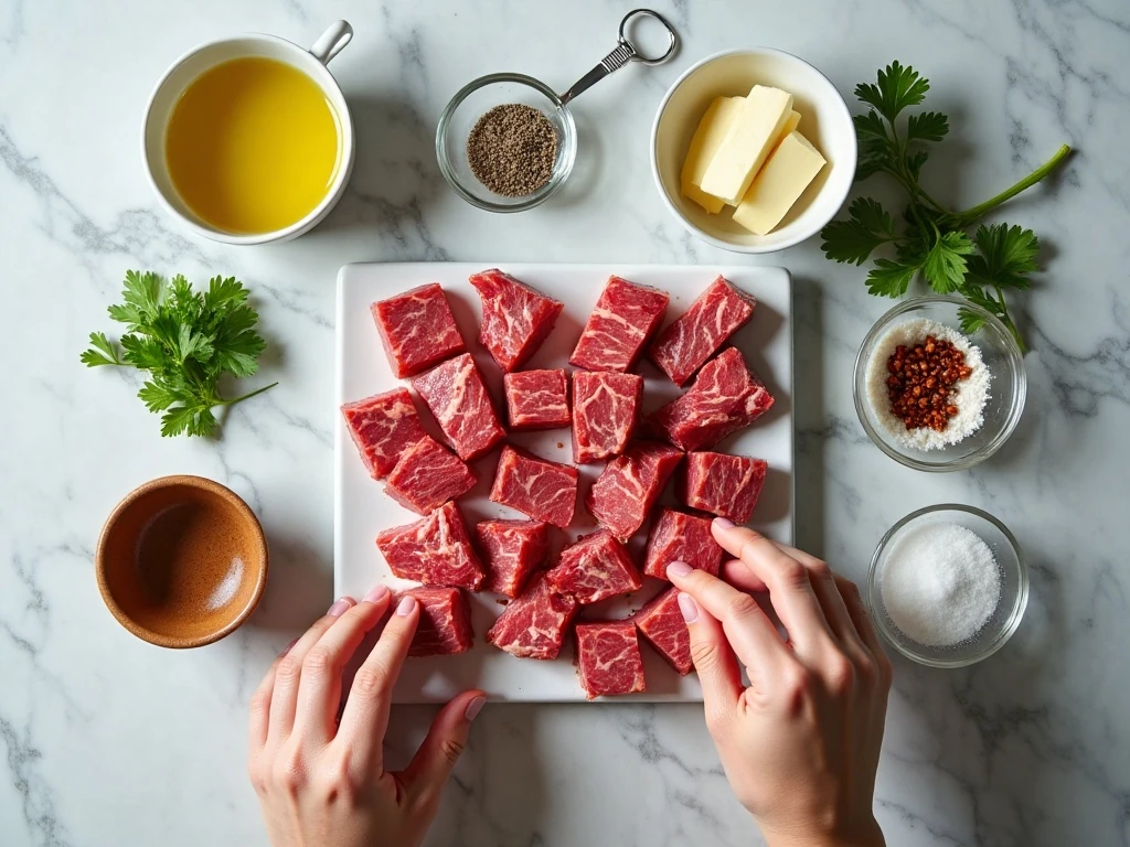 Ingredients for quick and easy garlic butter steak bites