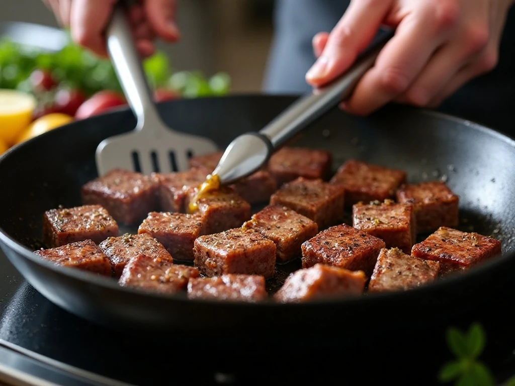Sirloin steak cubes searing in a hot skillet for steak bites