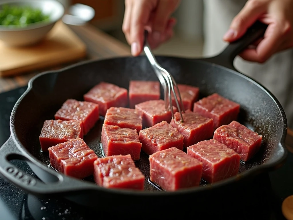 Steak bites spaced in a skillet to develop a browned crust